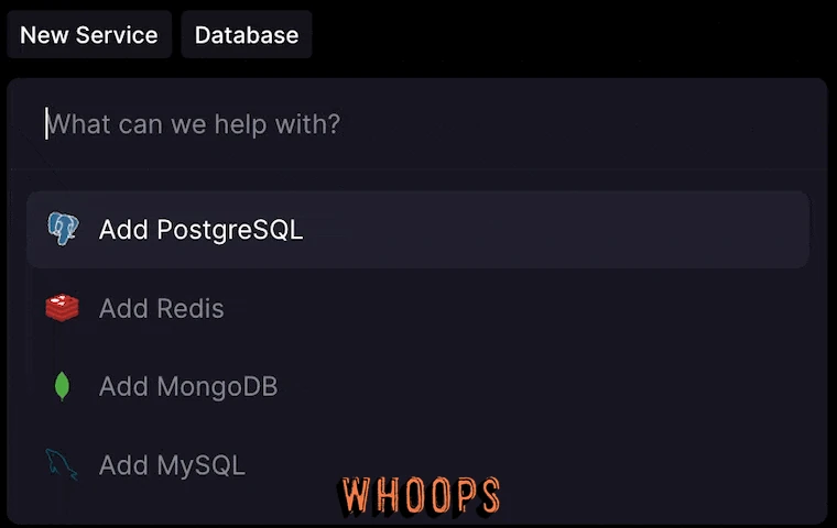 Railway Database 選單列出 Add PostgreSQL、Add Redis、Add MongoDB 與 Add MySQL