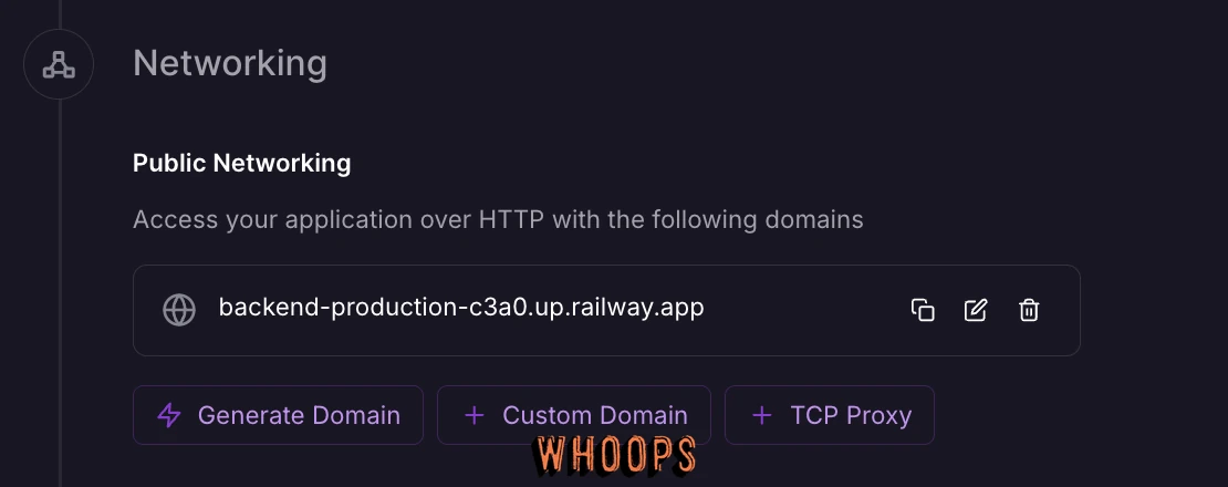 Railway Networking 的 Public Networking 區塊有 Generate Domain 與 Custom Domain 按鈕