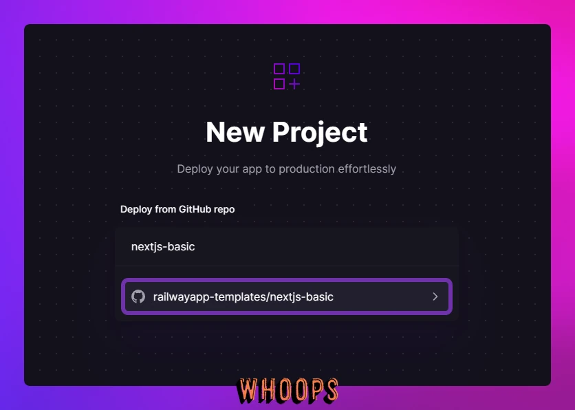 Railway 的 GitHub 儲存庫搜尋與選取畫面,官方以 nextjs-basic 作範例