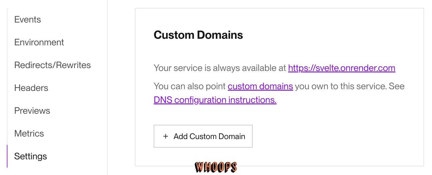 Render Settings 的 Custom Domains 區塊有 Add Custom Domain 按鈕