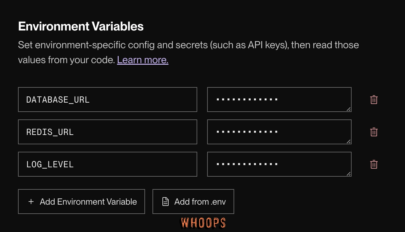 Render Environment Variables 區塊提供 Add Environment Variable 與 Add from .env 按鈕,數值已遮蔽