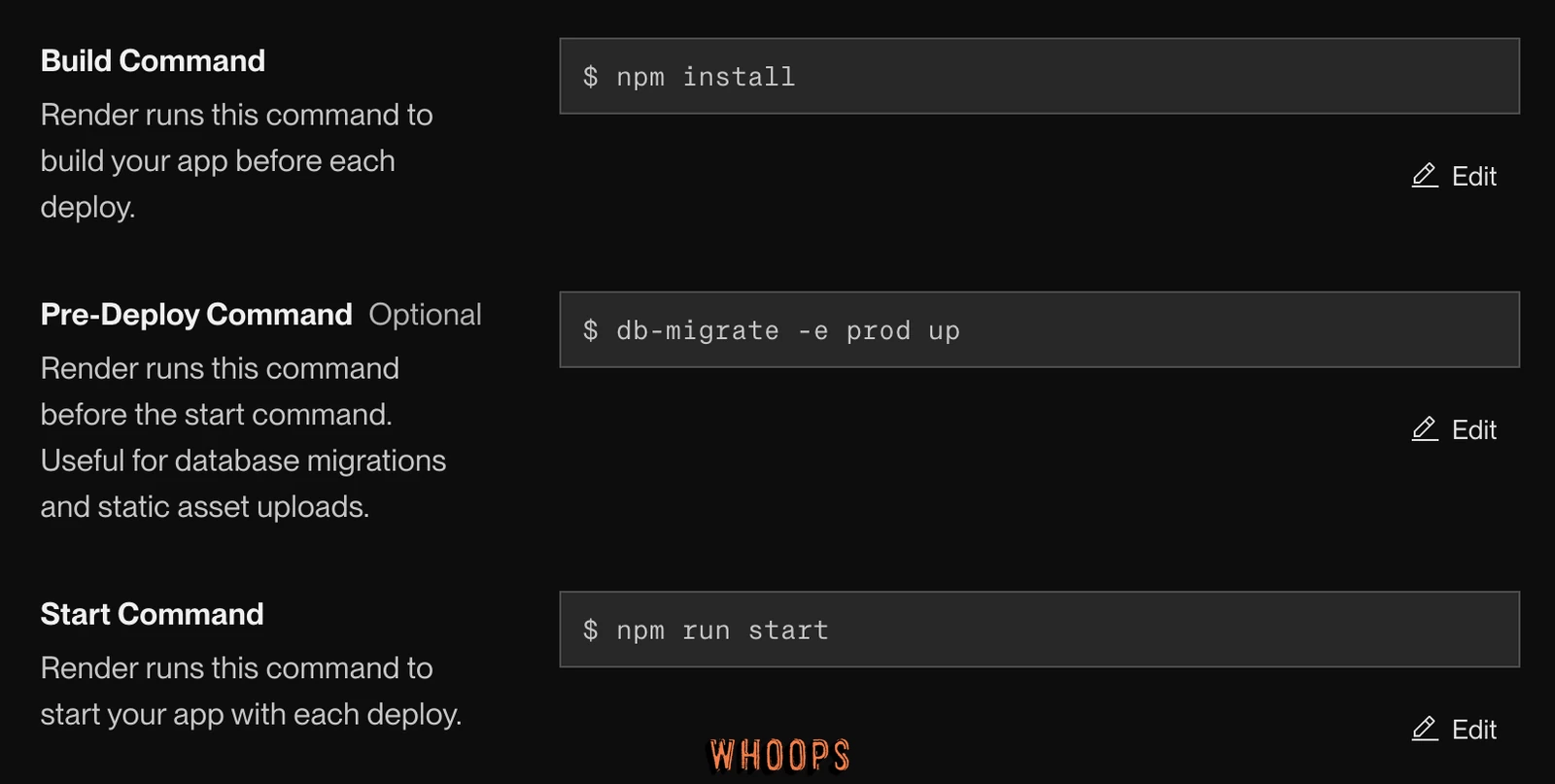 Render Settings 中的 Build Command、Pre-Deploy Command 與 Start Command 欄位