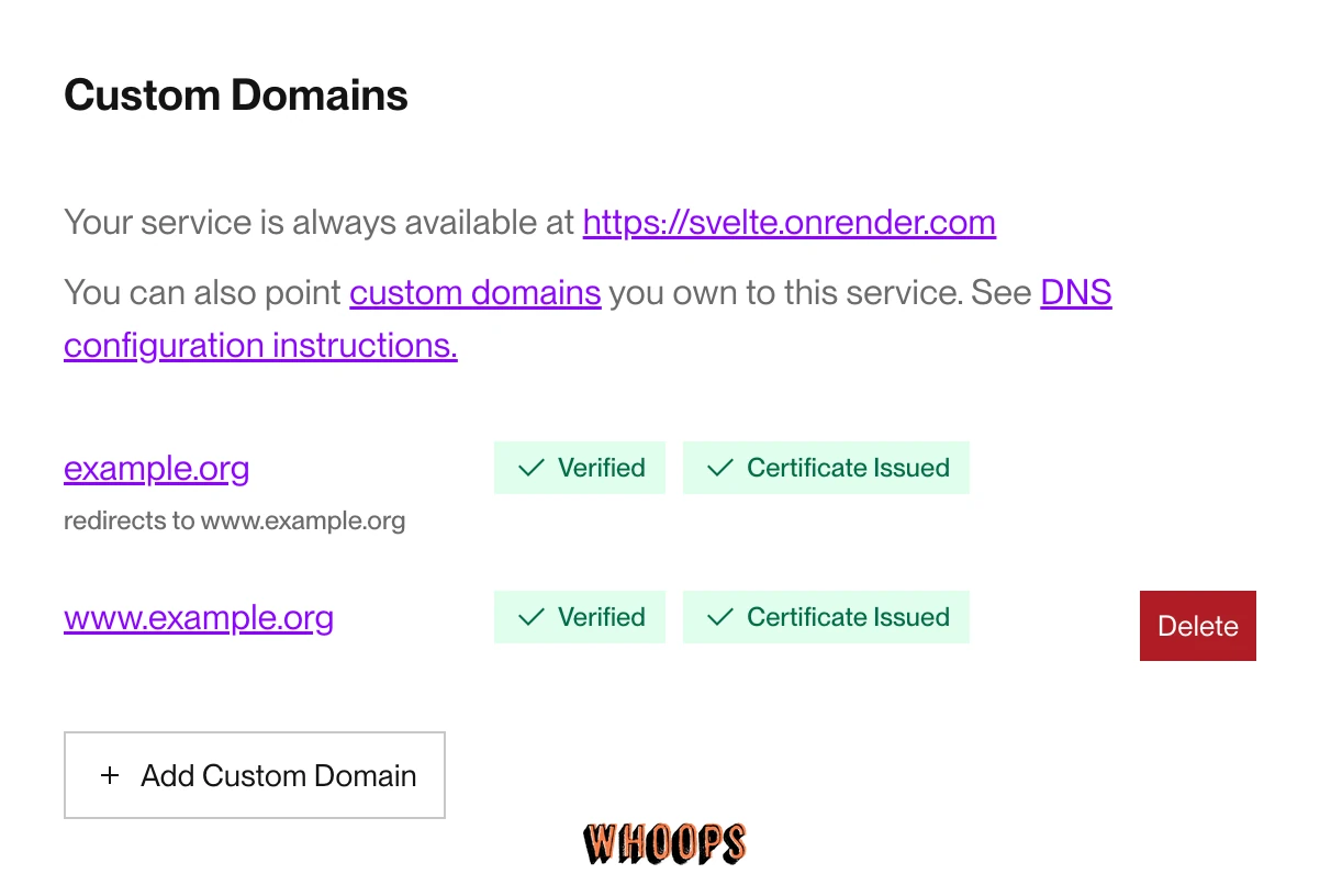 Render 網域列表顯示 Verified 與 Certificate Issued 兩個綠色狀態