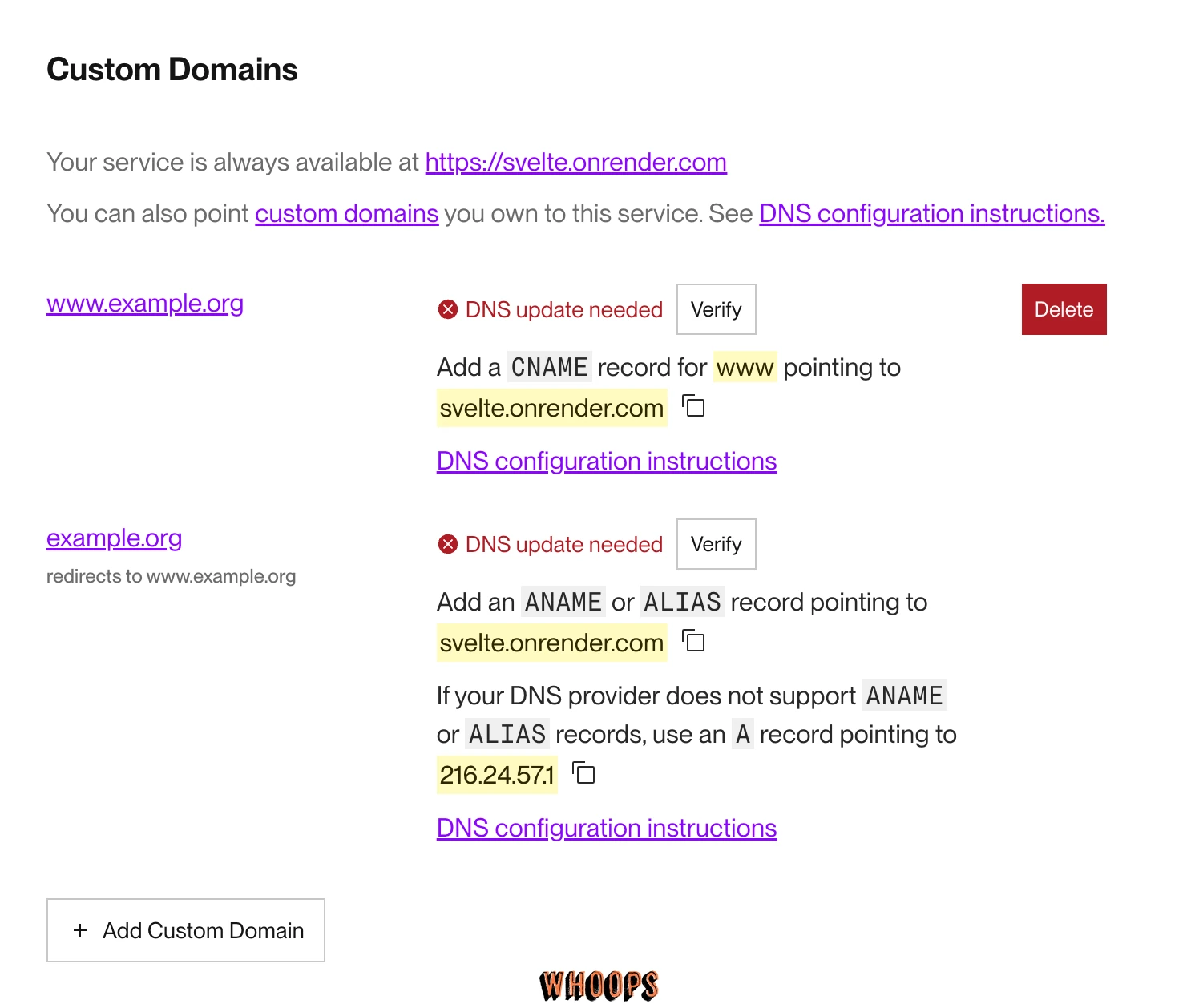 Render 自訂網域顯示 DNS update needed、需設定的 DNS 記錄與 Verify 按鈕