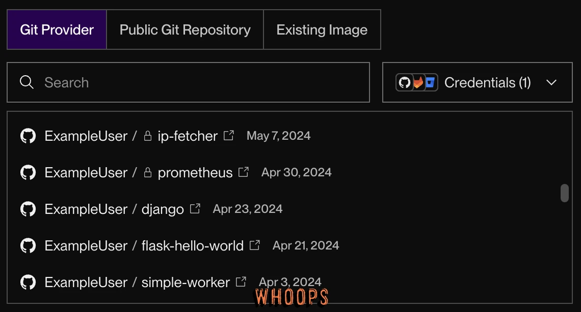 Render Git Provider 分頁列出可部署的 GitHub 儲存庫,右側可管理 Credentials