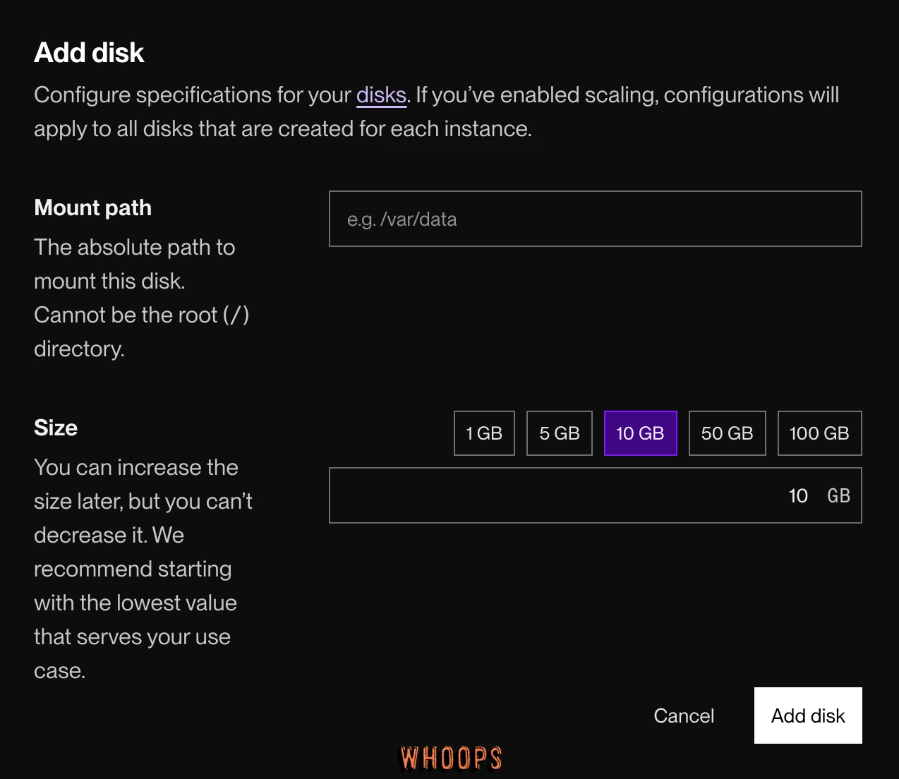 Render 新增磁碟表單有 Mount path、Size 與 Add disk 按鈕
