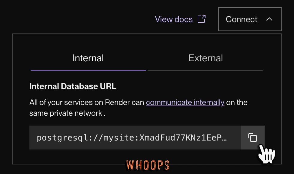 Render Connect 選單提供 Internal 與 External 分頁及資料庫連線字串複製按鈕