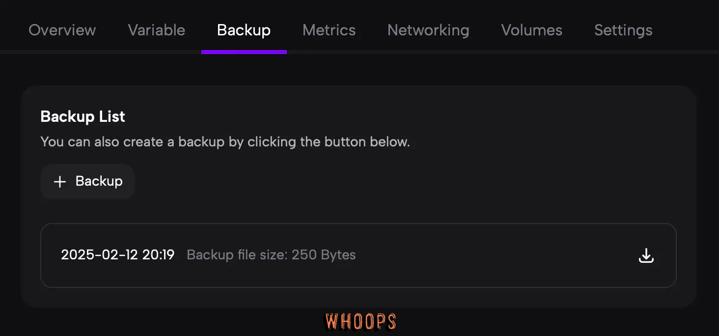 Zeabur Backup 分頁可按 Backup 建立備份,完成後在備份列右側按下載圖示