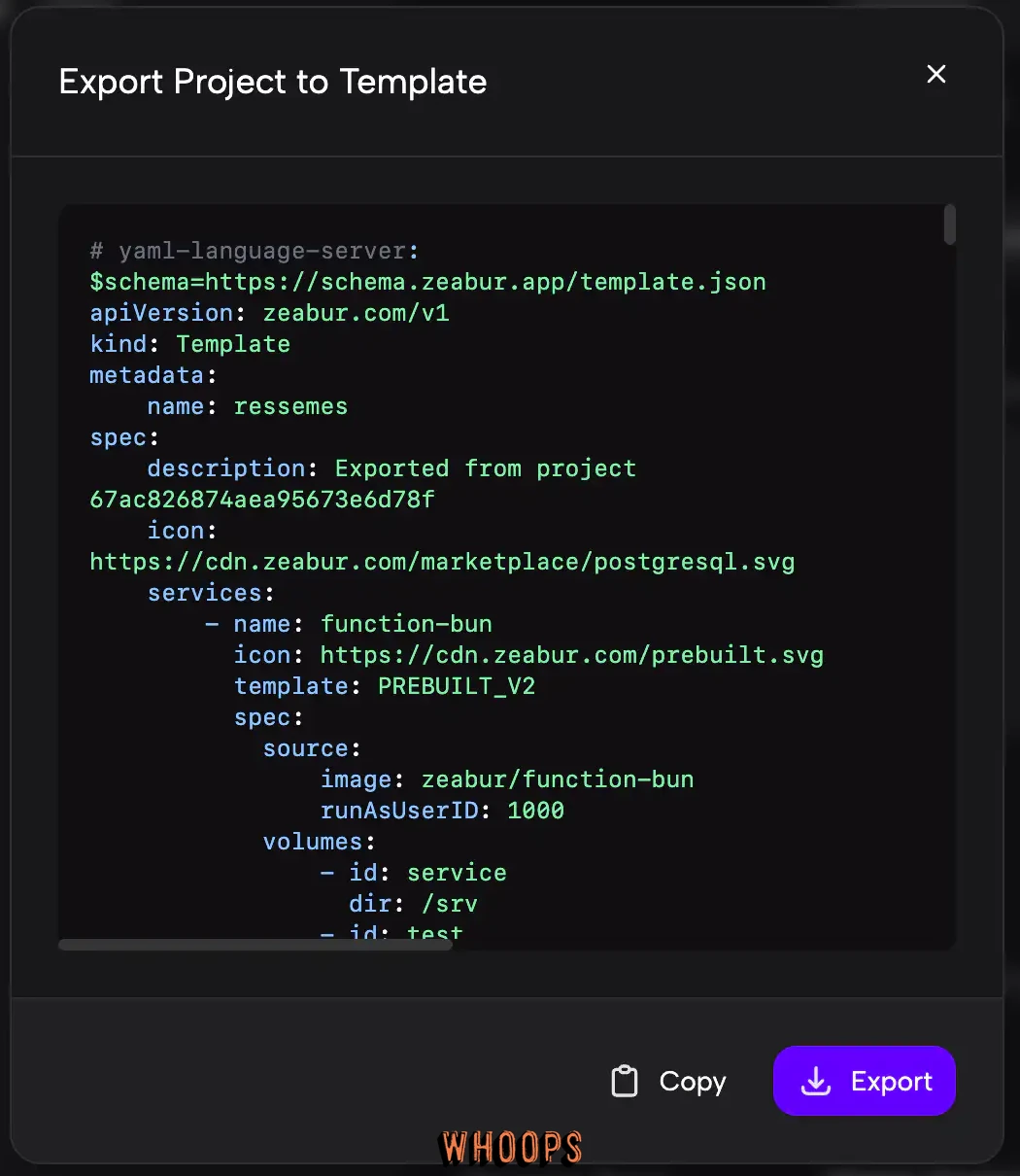 Zeabur Export Project to Template 對話框顯示 YAML,右下角有 Export 下載按鈕