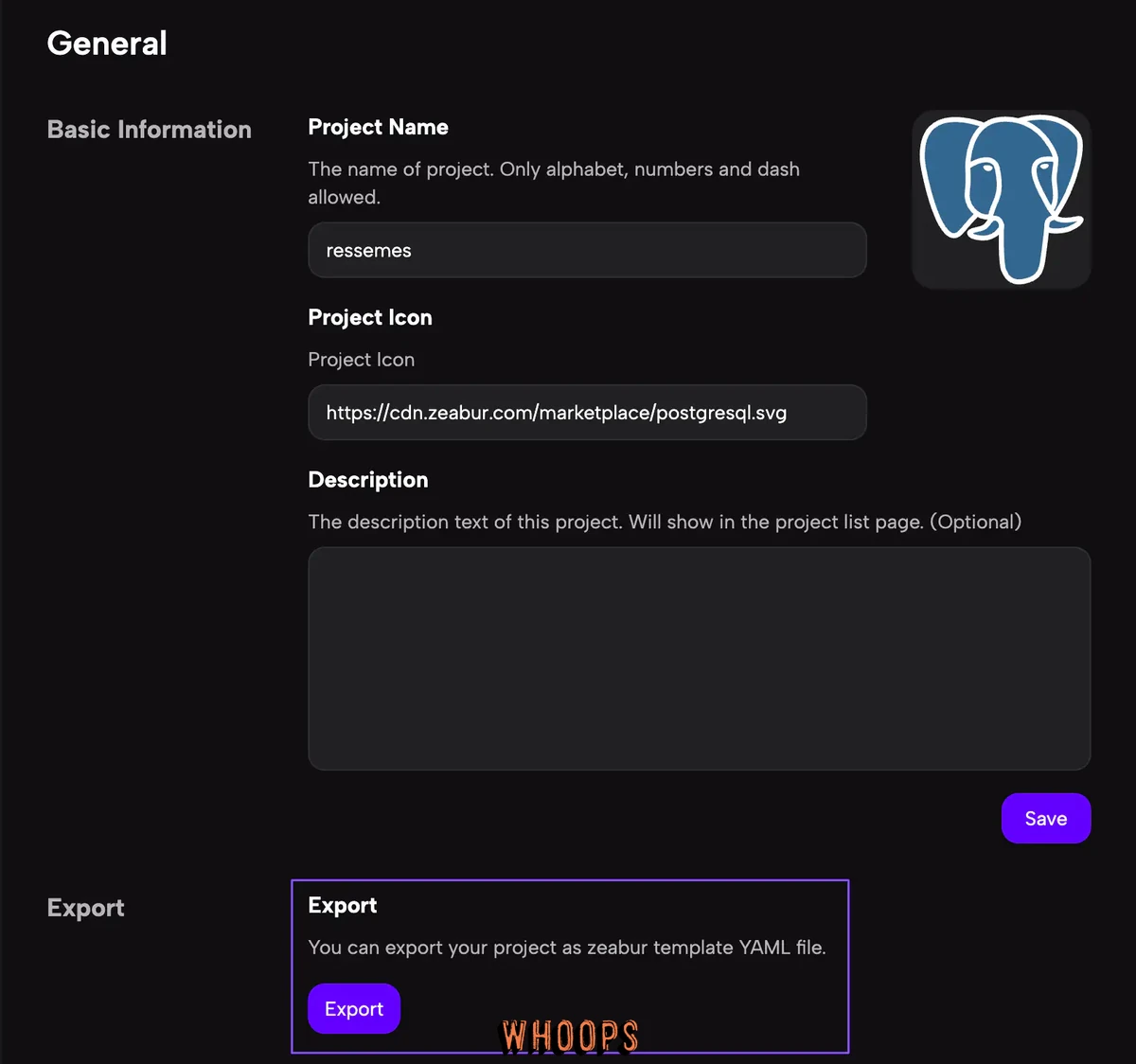 Zeabur Project Settings 的 General 頁面,下方 Export 區塊有 Export 按鈕